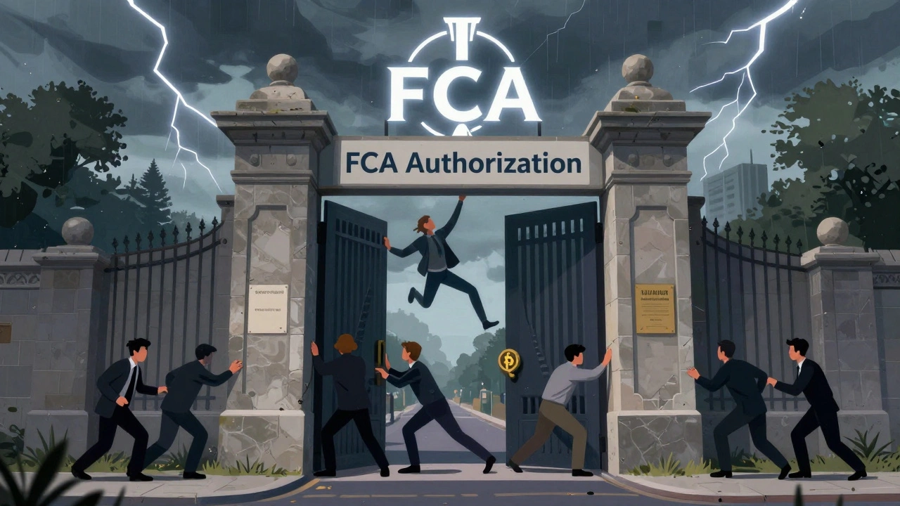 Figures struggling to pass through a massive gate labeled 'FCA Authorization' while unlicensed firms are removed by enforcers.