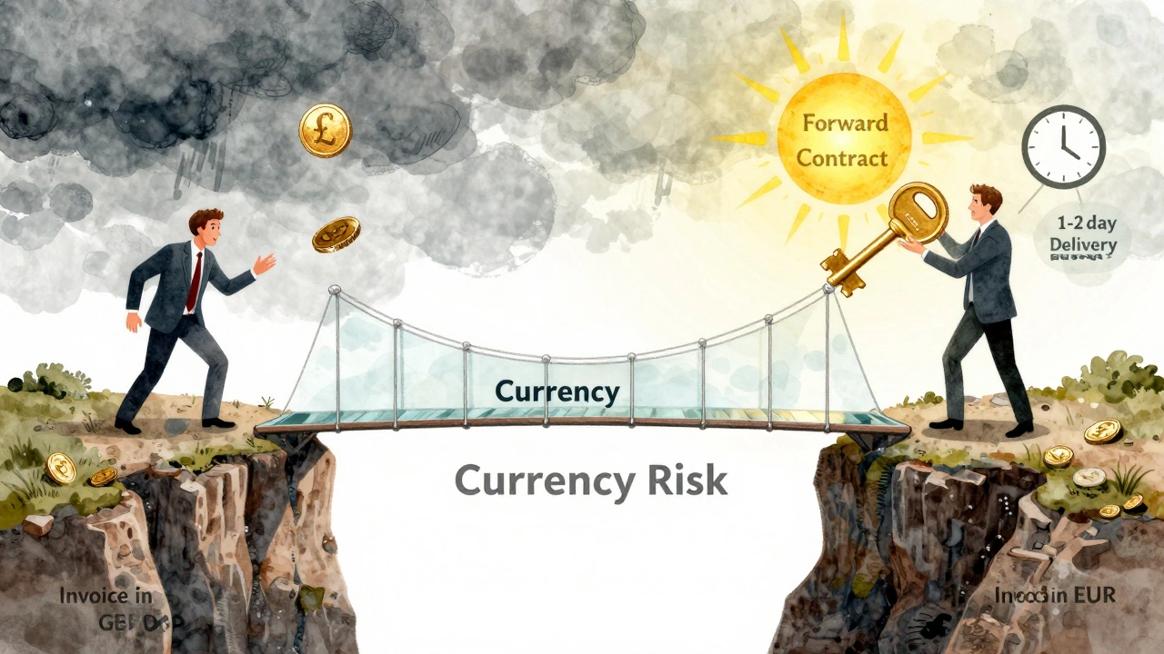 Glass bridge between GBP and EUR invoicing, with currency risk and forward contract visuals.