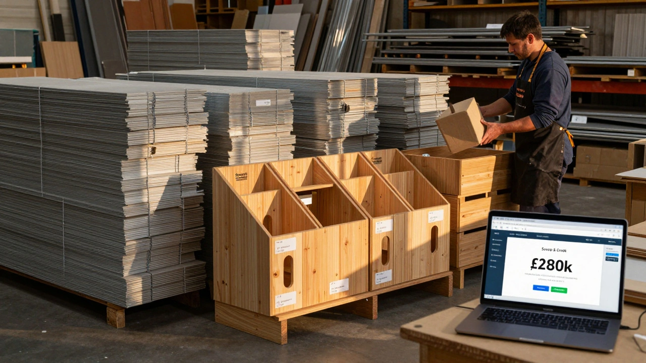 Handmade desk organizers made from aluminum offcuts, packaged in a warehouse with a revenue dashboard visible.
