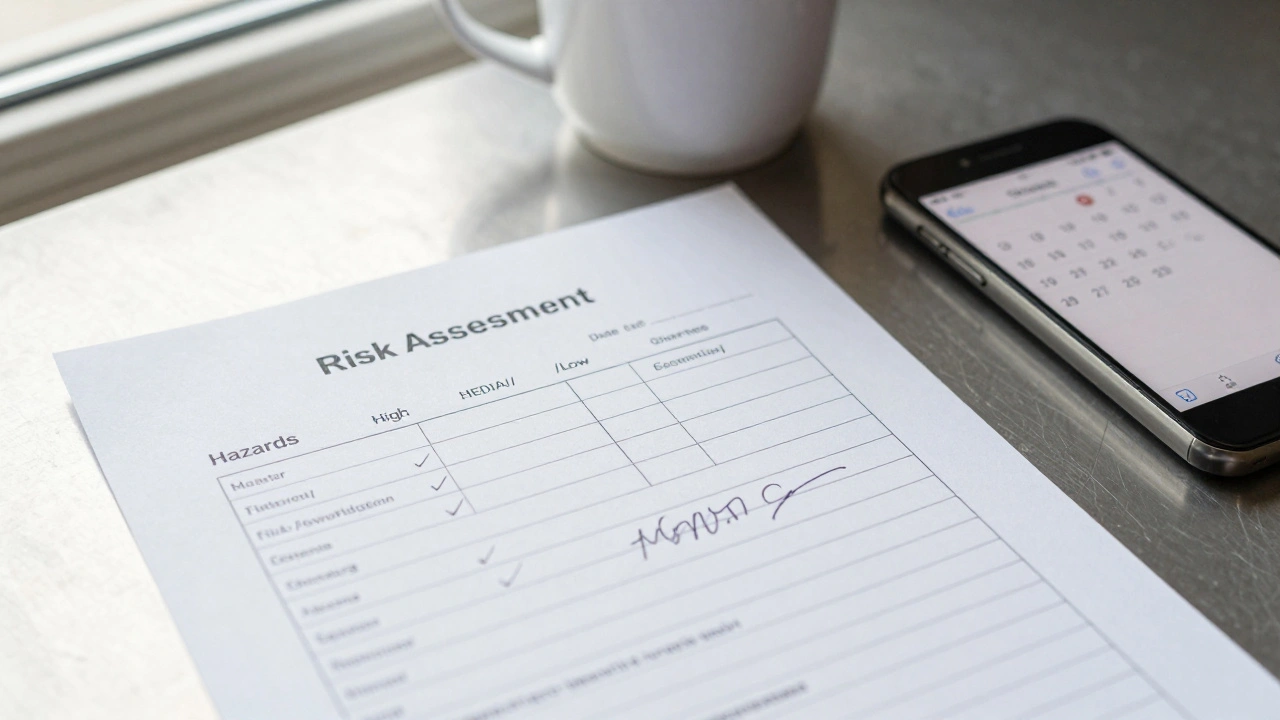 Handwritten risk assessment form on a desk with coffee mug and smartphone showing a reminder.