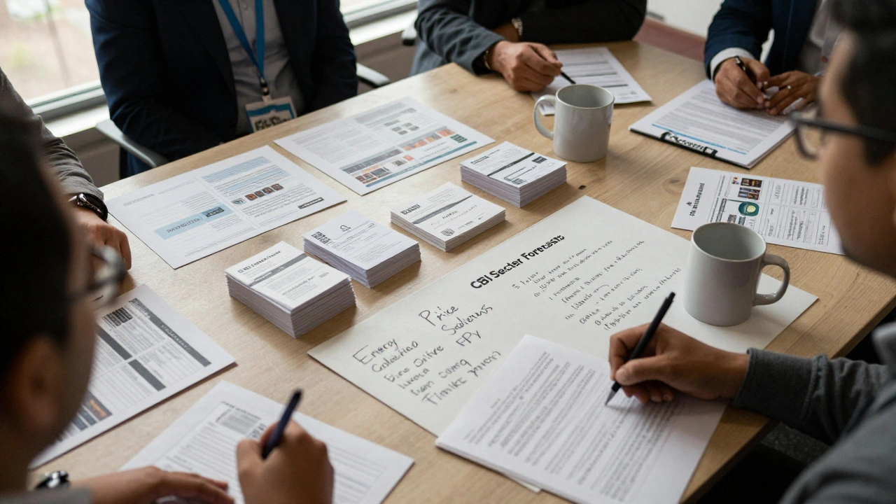 Meeting table with industry reports, membership cards, and handwritten notes from a UK trade association gathering.