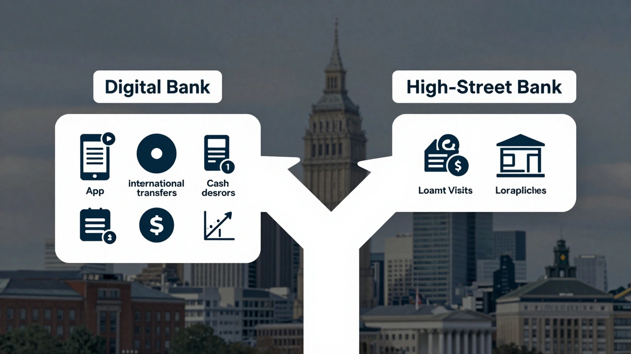 Roadmap comparing digital and high-street business banking options with icons for key features.