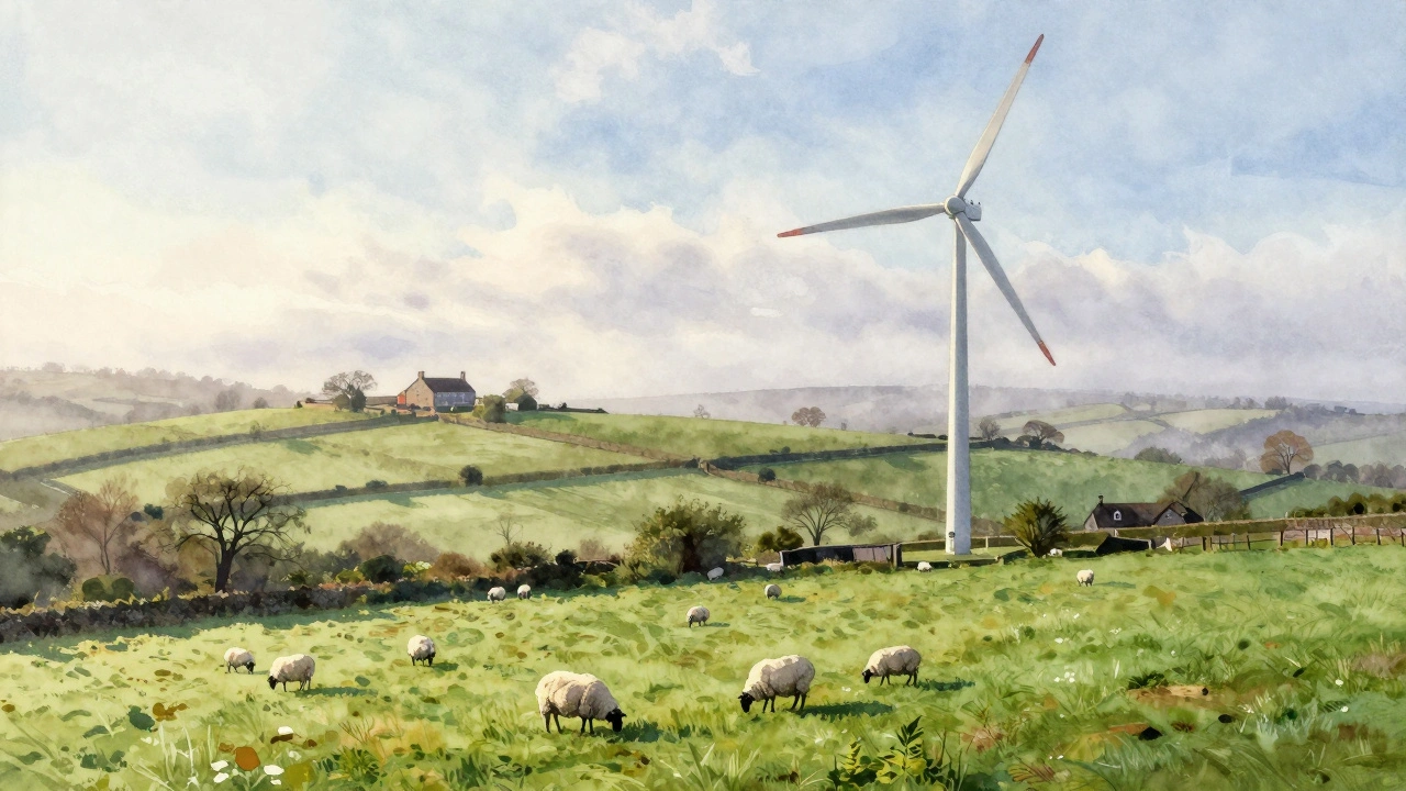 Rural farm with wind turbine in green fields.