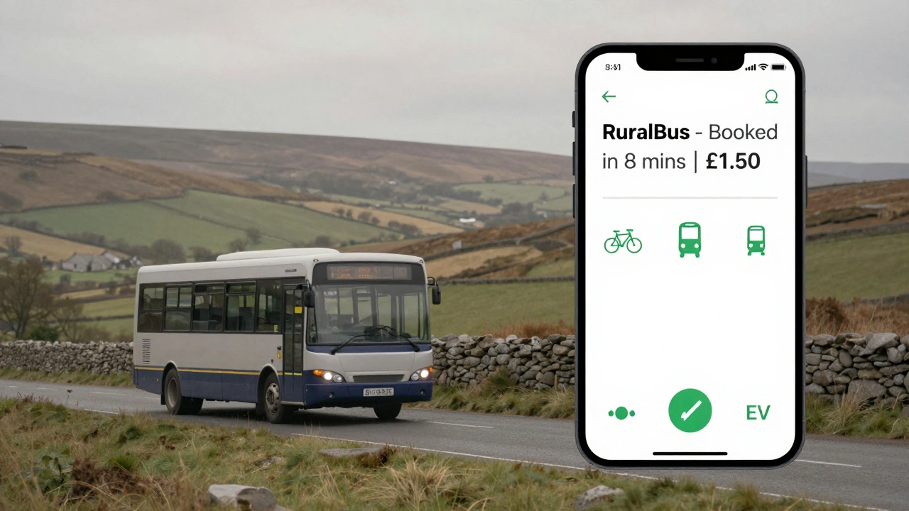 Rural minibus traveling through countryside with a smartphone app showing affordable booking details.