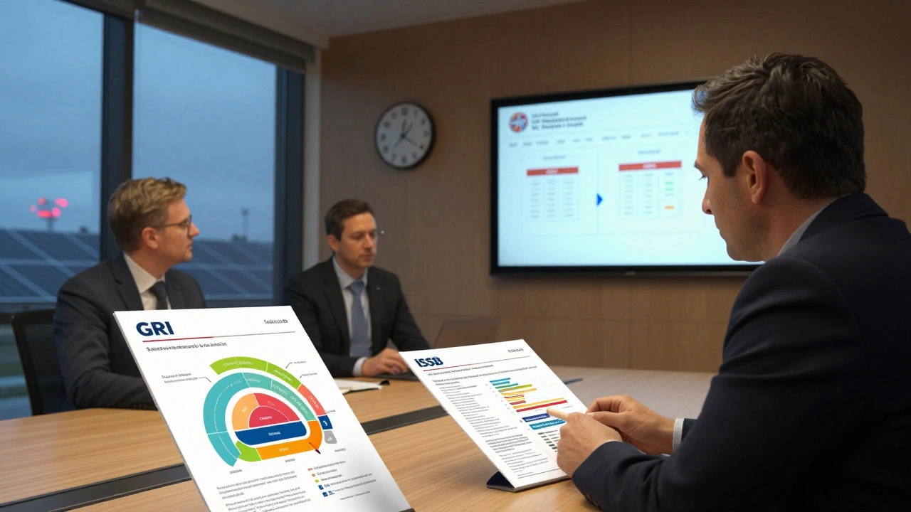 UK corporate boardroom reviewing GRI and ISSB reports side by side, with regulatory logos and climate data projected on screen.