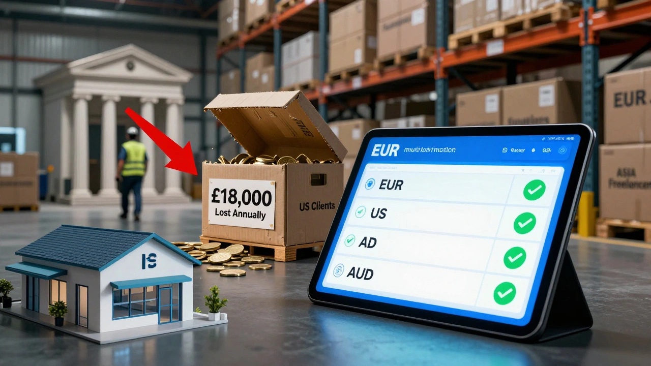 Warehouse with lost money from FX fees contrasted with multi-currency account dashboard.