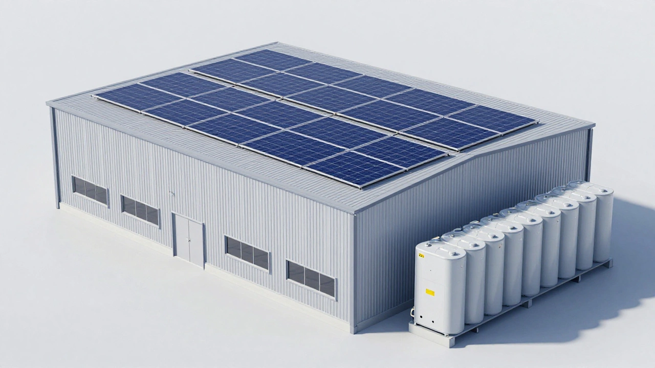 Warehouse with solar panels and battery storage unit.