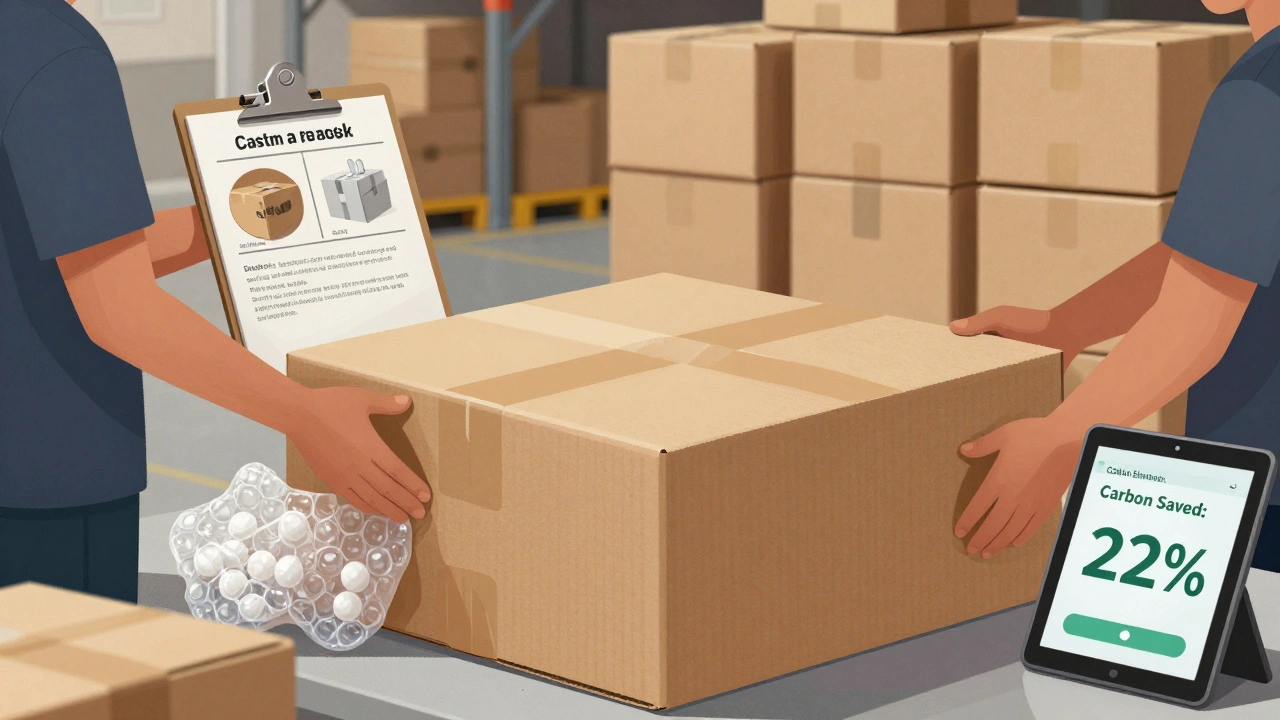 Workers packing products in custom-sized corrugated cardboard boxes with no plastic waste.