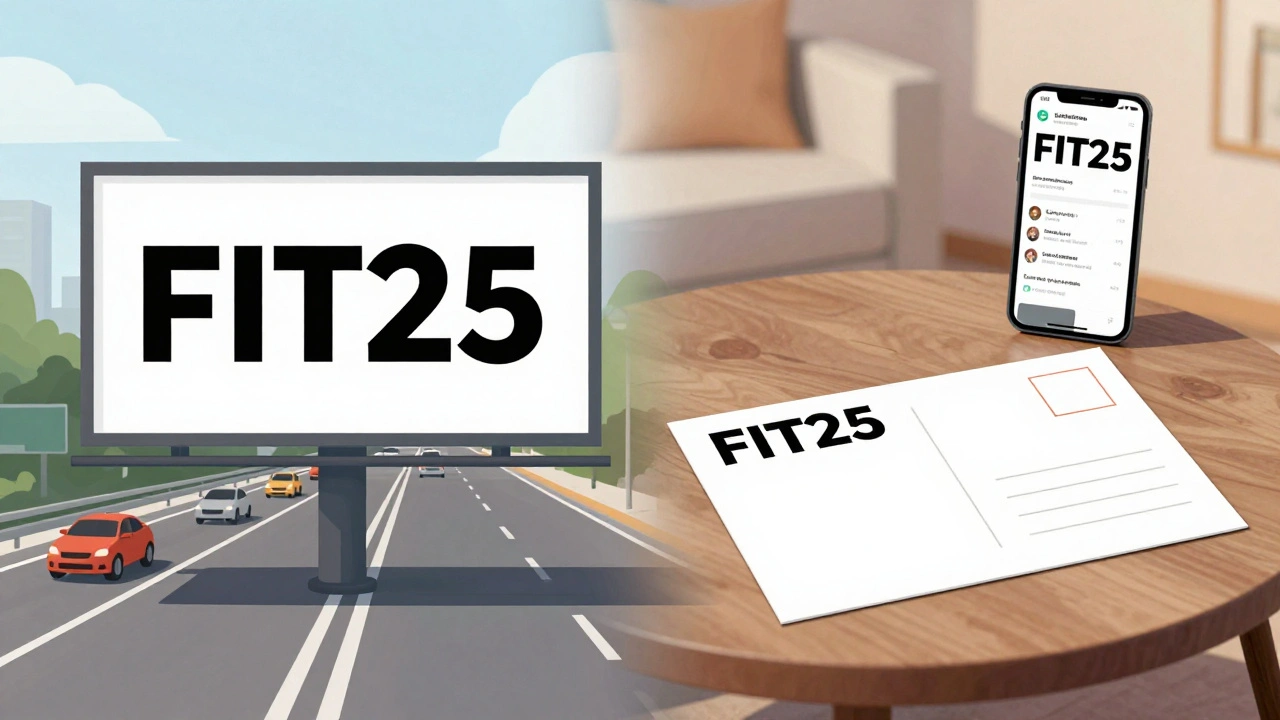A bus stop billboard with 'FIT25' code next to a matching postcard on a living room table, showing unified offline marketing.