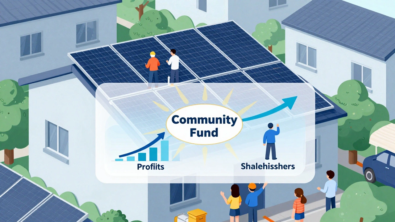 A community installing solar panels with profits flowing into a community fund.