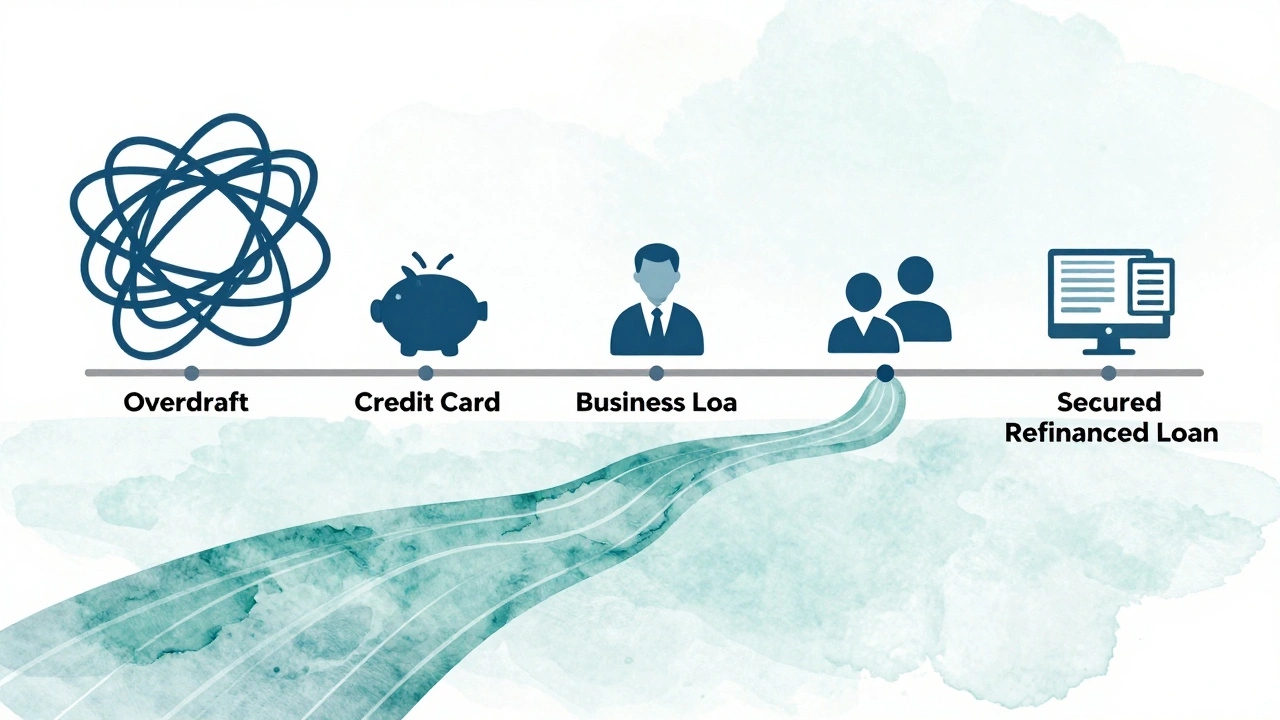 A flowchart-style illustration showing tangled business debts transforming into a single streamlined loan with growth symbols.