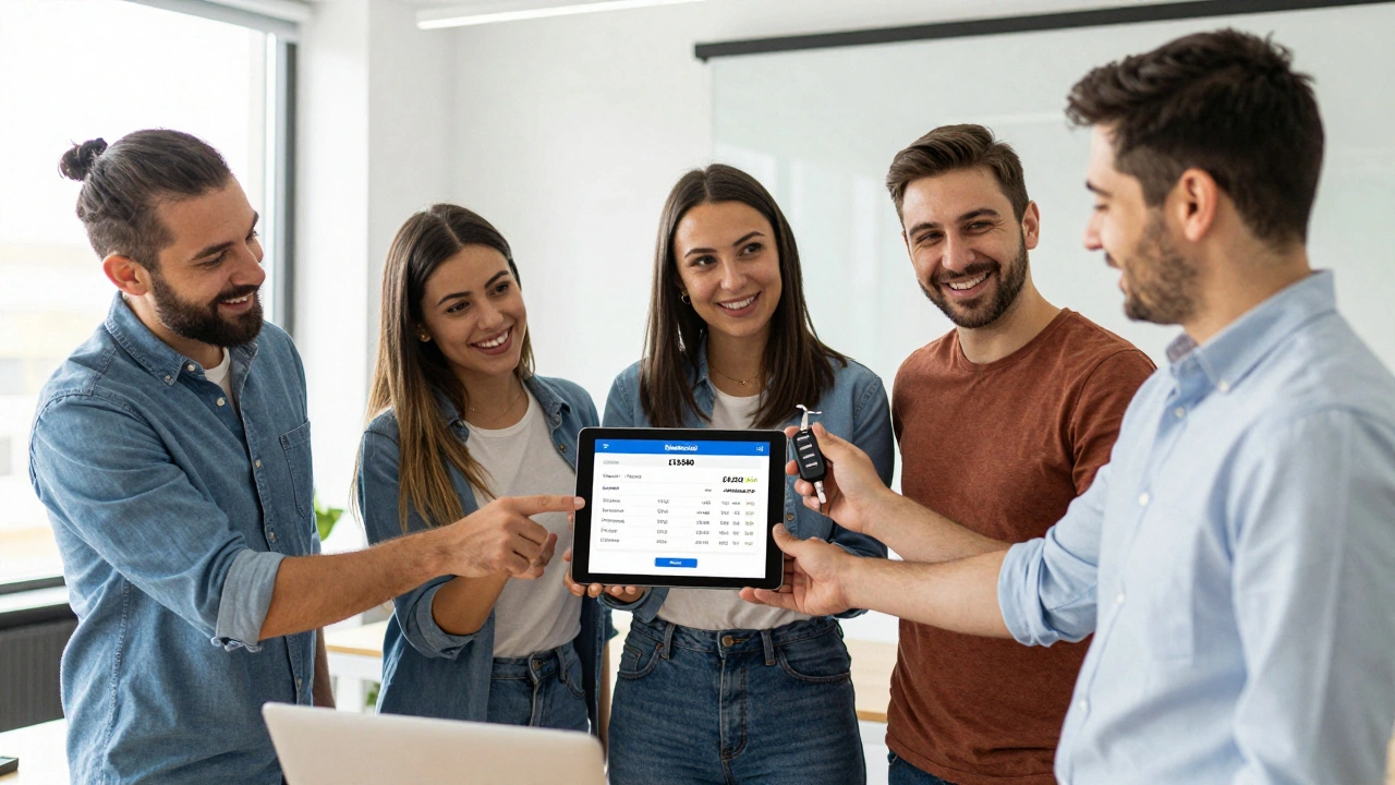 A group of UK business owners celebrating financial savings from refinancing, with a tablet showing reduced interest costs.