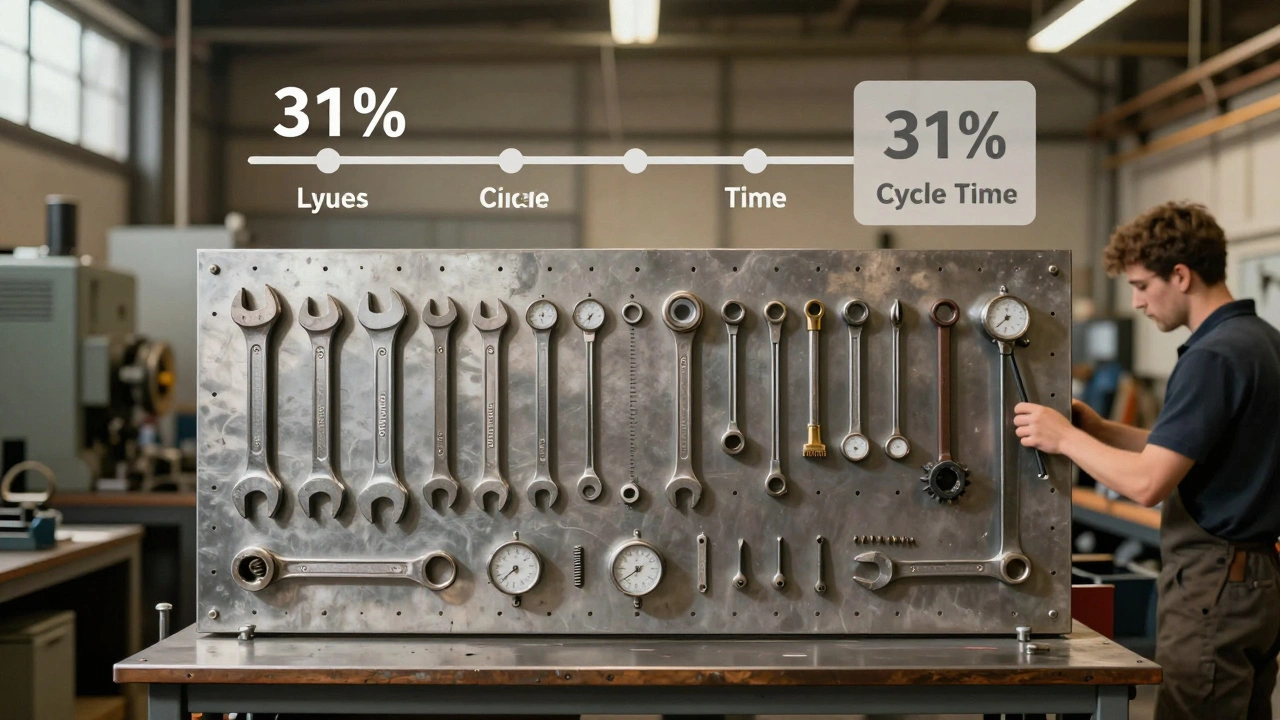 A metal workshop's optimized tool layout with shadow outlines and reduced cycle time, showing lean efficiency without new equipment.
