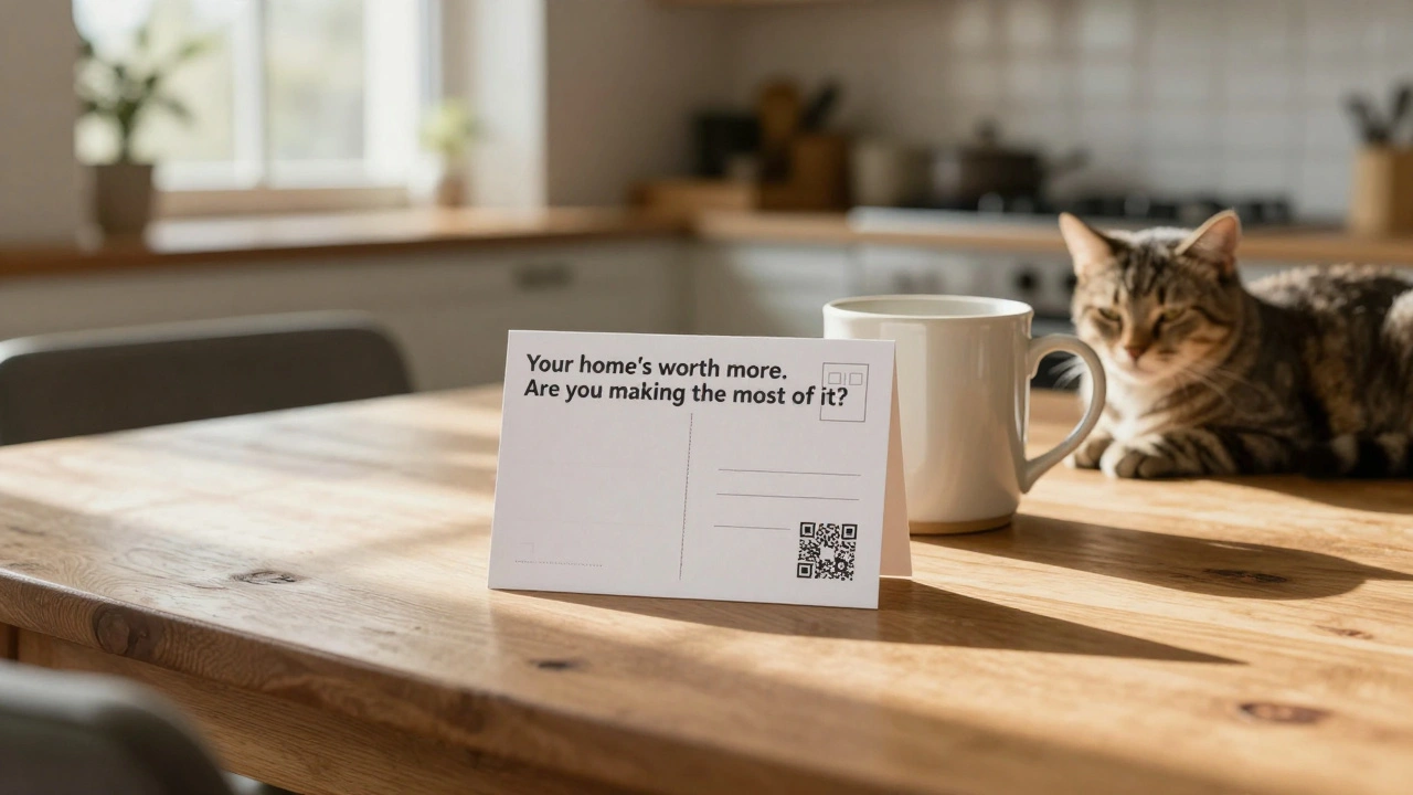 A personalized direct mail postcard on a kitchen table with a QR code and coffee mug, sunlight streaming through the window.