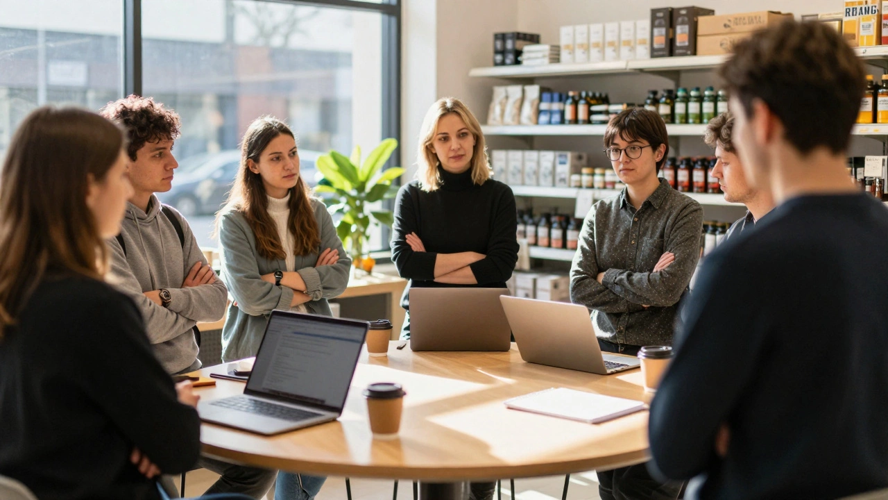 A small retail team holding a daily stand-up meeting with no technology, just conversation.