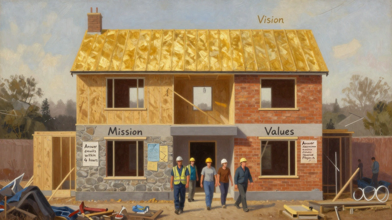 A symbolic house representing mission, vision, and values as structural pillars, with workers entering confidently.