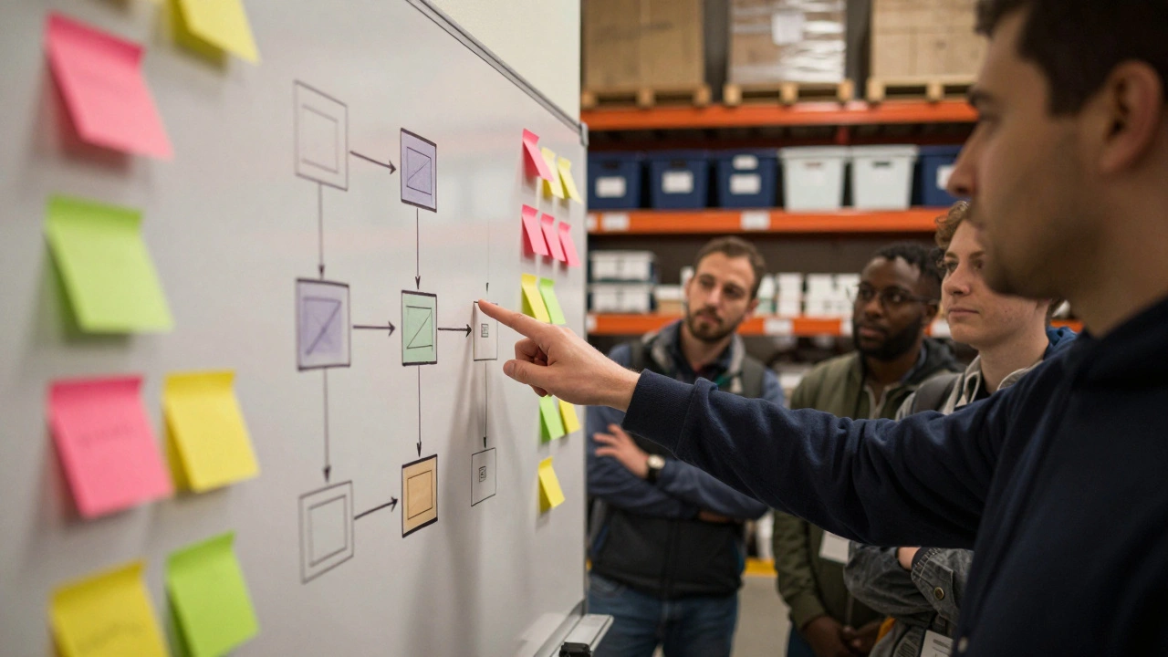 A warehouse team's colour-coded packing system explained on a whiteboard with sticky notes.