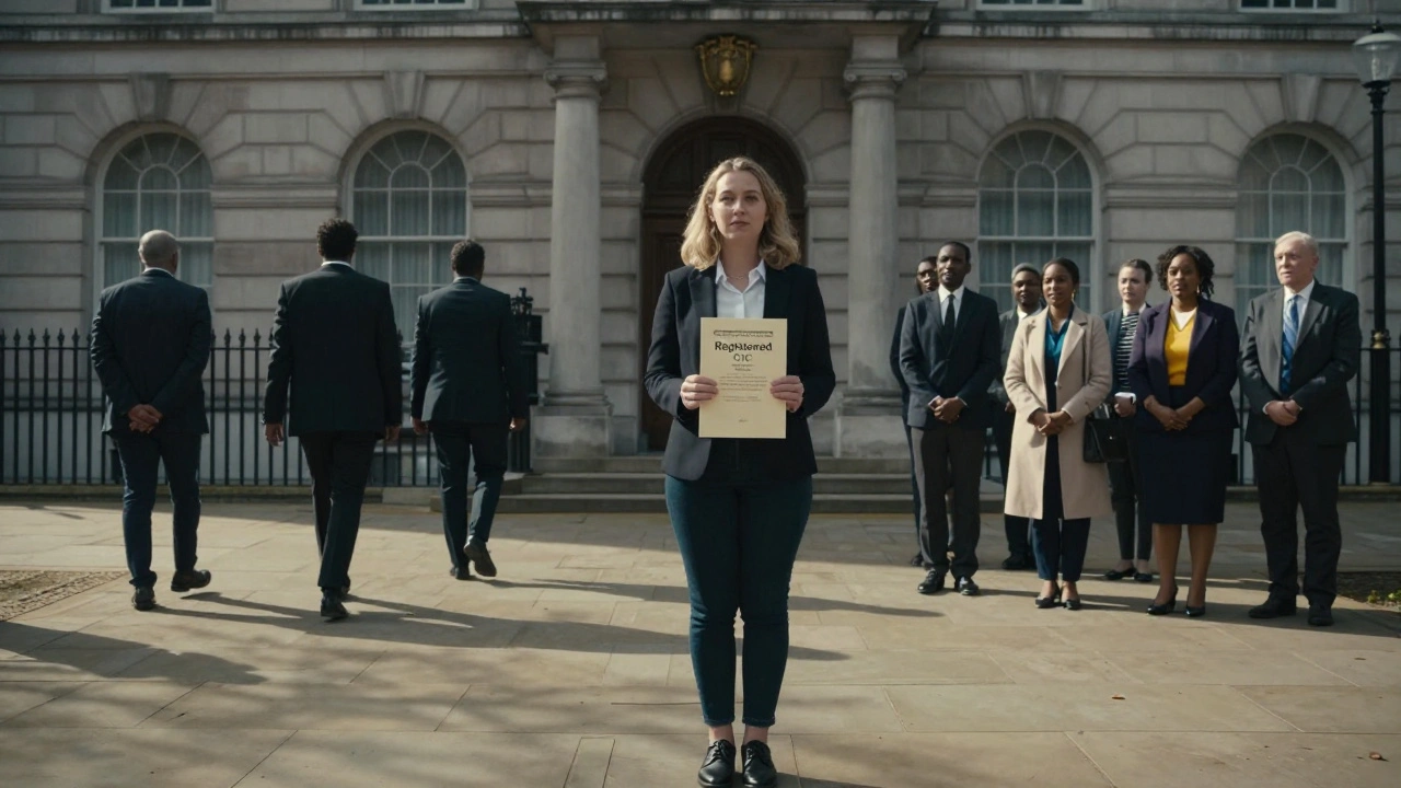 A woman receives her CIC certificate as shareholders leave and community members approach.