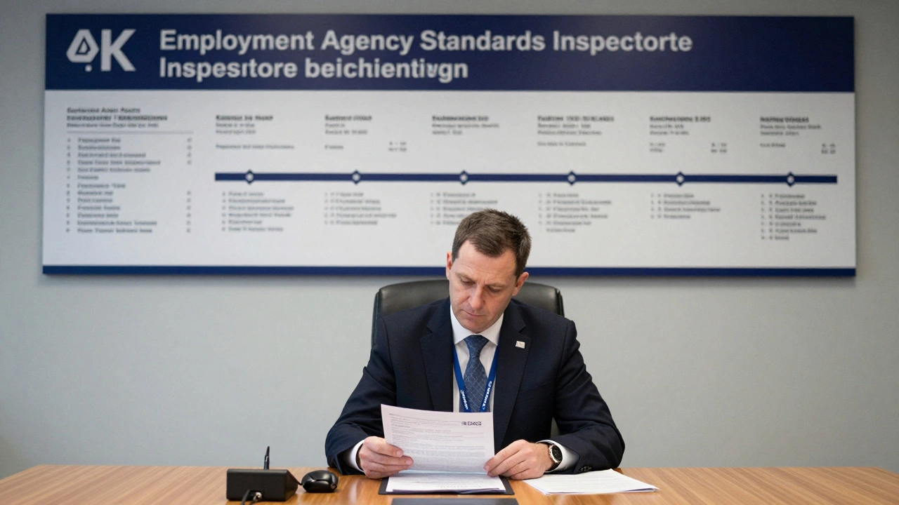 An EAS officer reviewing compliance documents in a formal hearing room with legal violation records on display.