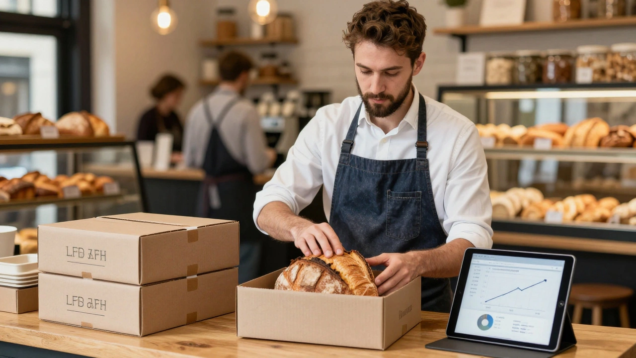 Bakery owner unpacking subscription boxes with digital sales analytics visible, representing growth from SWOT-driven action.