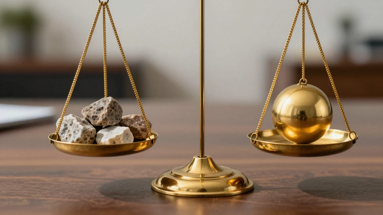 Brass scale balancing rough stones and a golden sphere