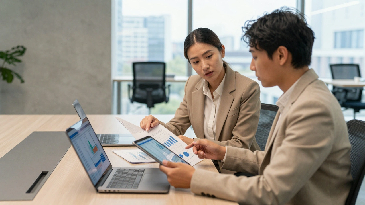 Business professionals reviewing financial documents together