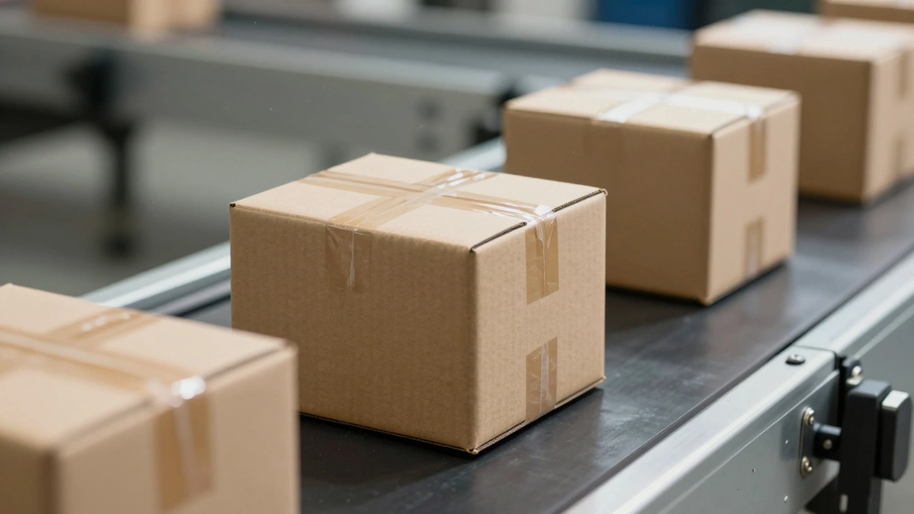 Cardboard boxes on industrial conveyor belt