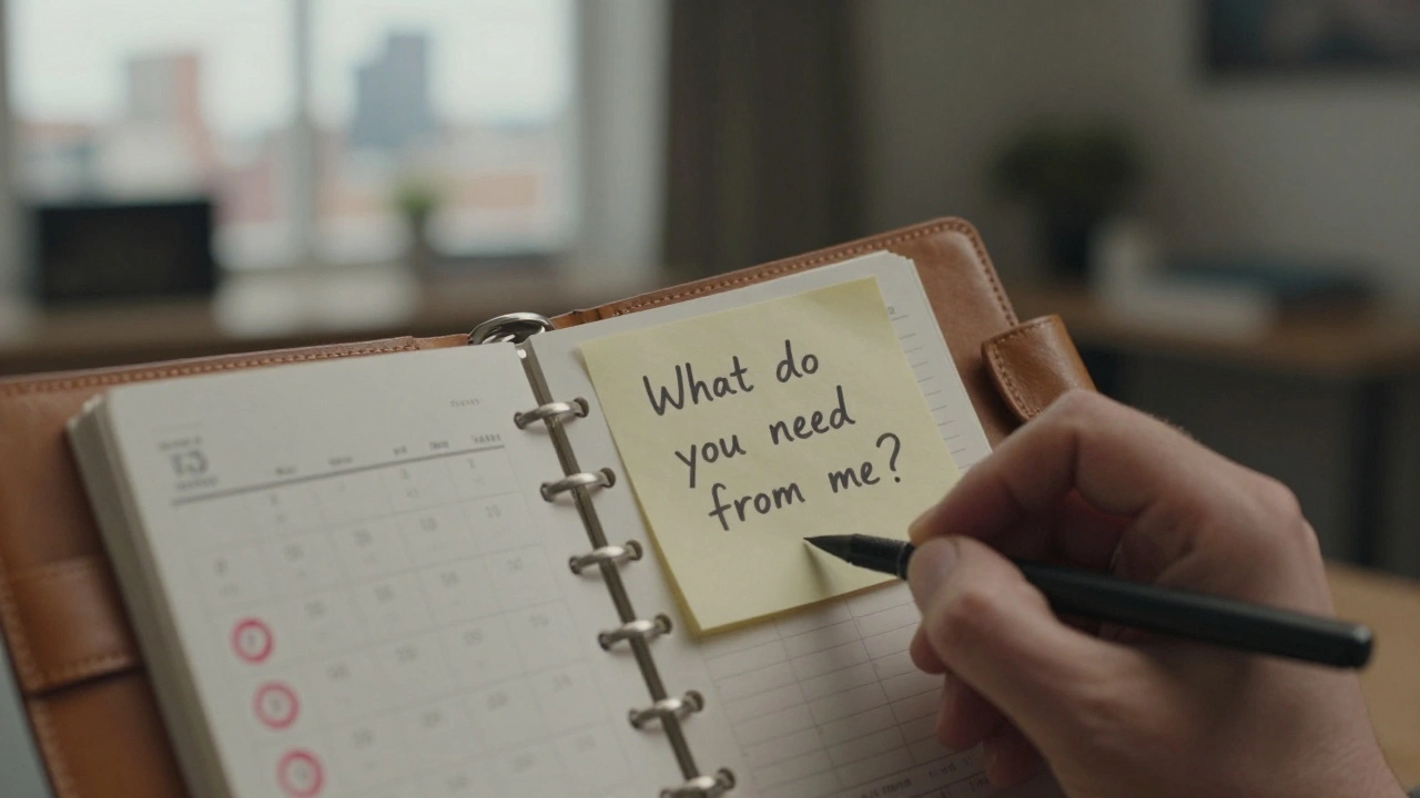 Close-up of a handwritten note and calendar with circled check-in dates in a home office.