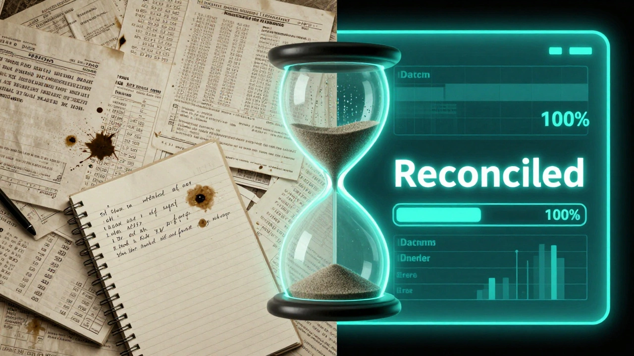 Contrast between outdated manual reconciliation and modern automated financial processes.
