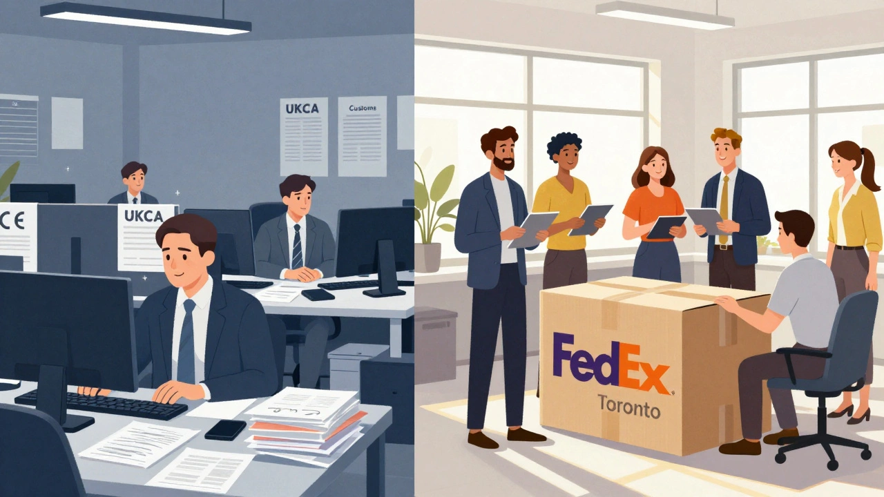 Contrasting cluttered office with paperwork vs. streamlined export workspace with a shipped box to Canada.