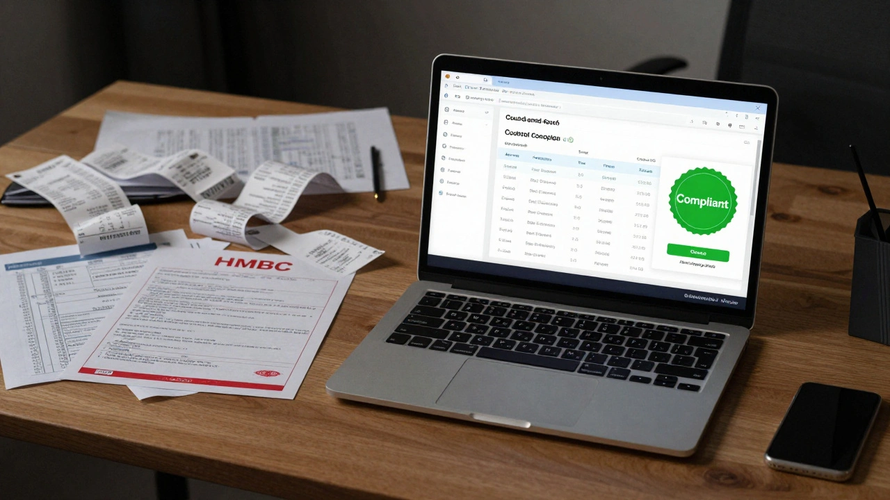 Contrasting cluttered paper books with organized digital accounting system showing compliance