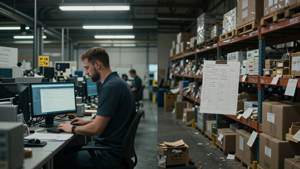 Contrasting image of efficient manufacturing facility versus outdated warehouse, symbolizing business strength and weakness.