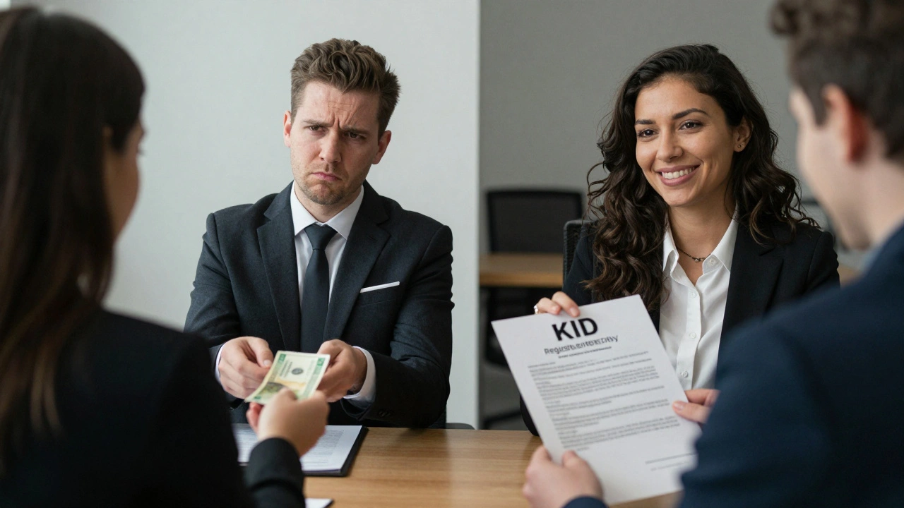 Contrasting scenes: a job seeker paying illegal fees vs. receiving a legal KID from a compliant agency.