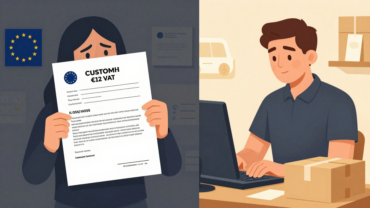 Contrasting scenes: EU customer facing customs fees vs. UK seller using automated VAT software.
