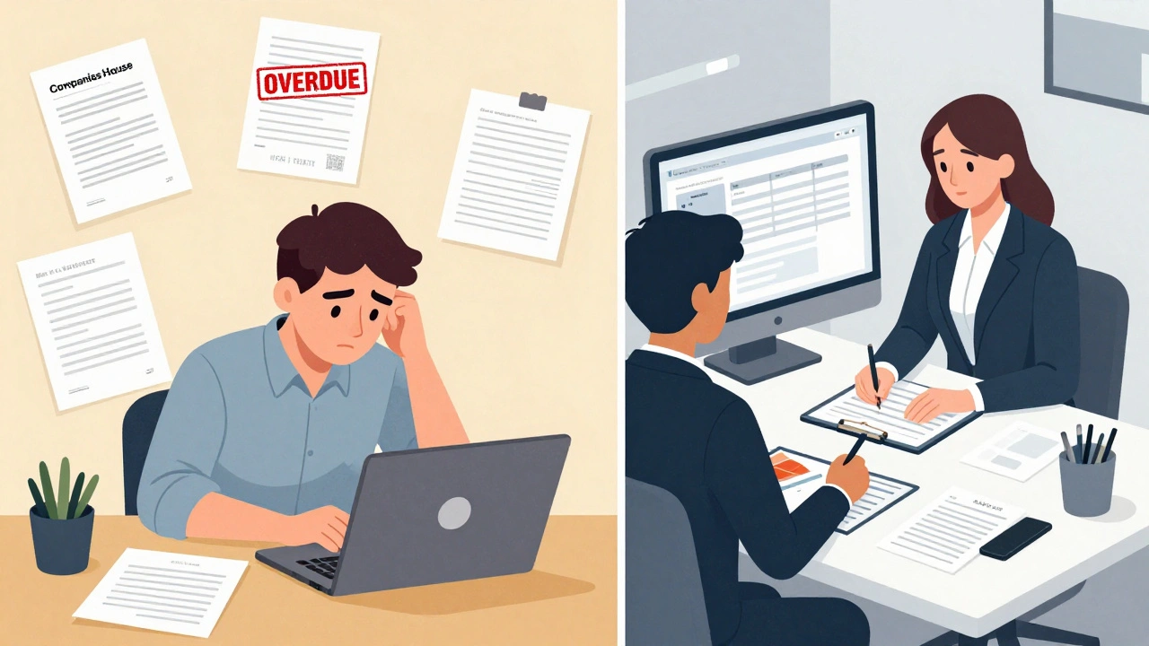 Contrasting scenes of chaotic versus organized corporate compliance in a business setting.