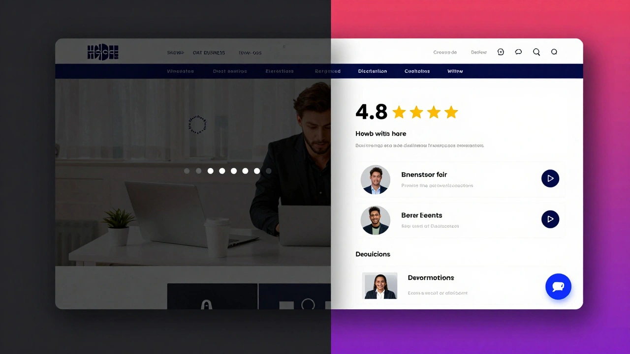 Contrasting two business websites: one slow and outdated, the other fast and highly rated with positive reviews.