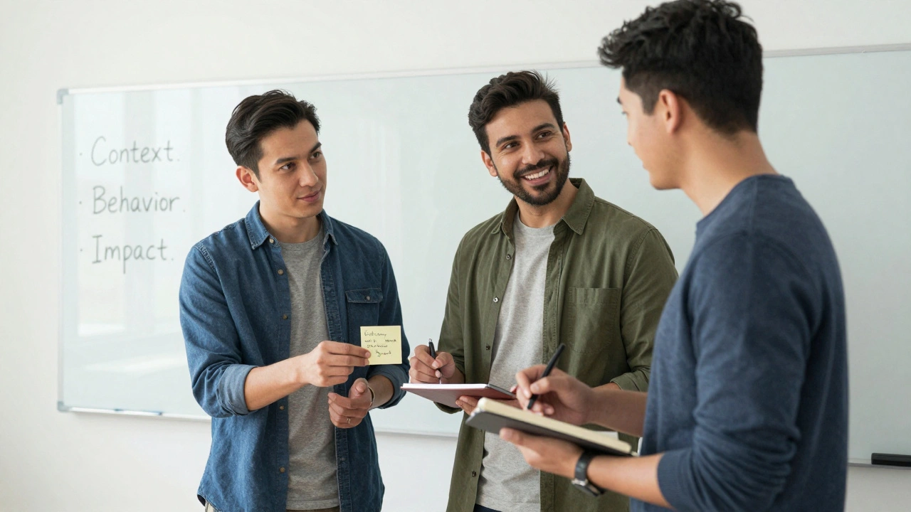 Diverse team members exchanging feedback in a bright breakroom, one holding a sticky note with notes.