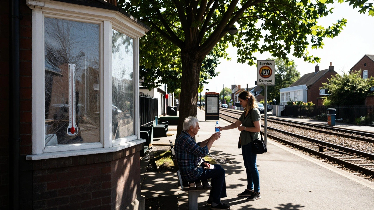 Elderly woman receiving water during a heatwave under a tree, reflective window film and warped train tracks in background.