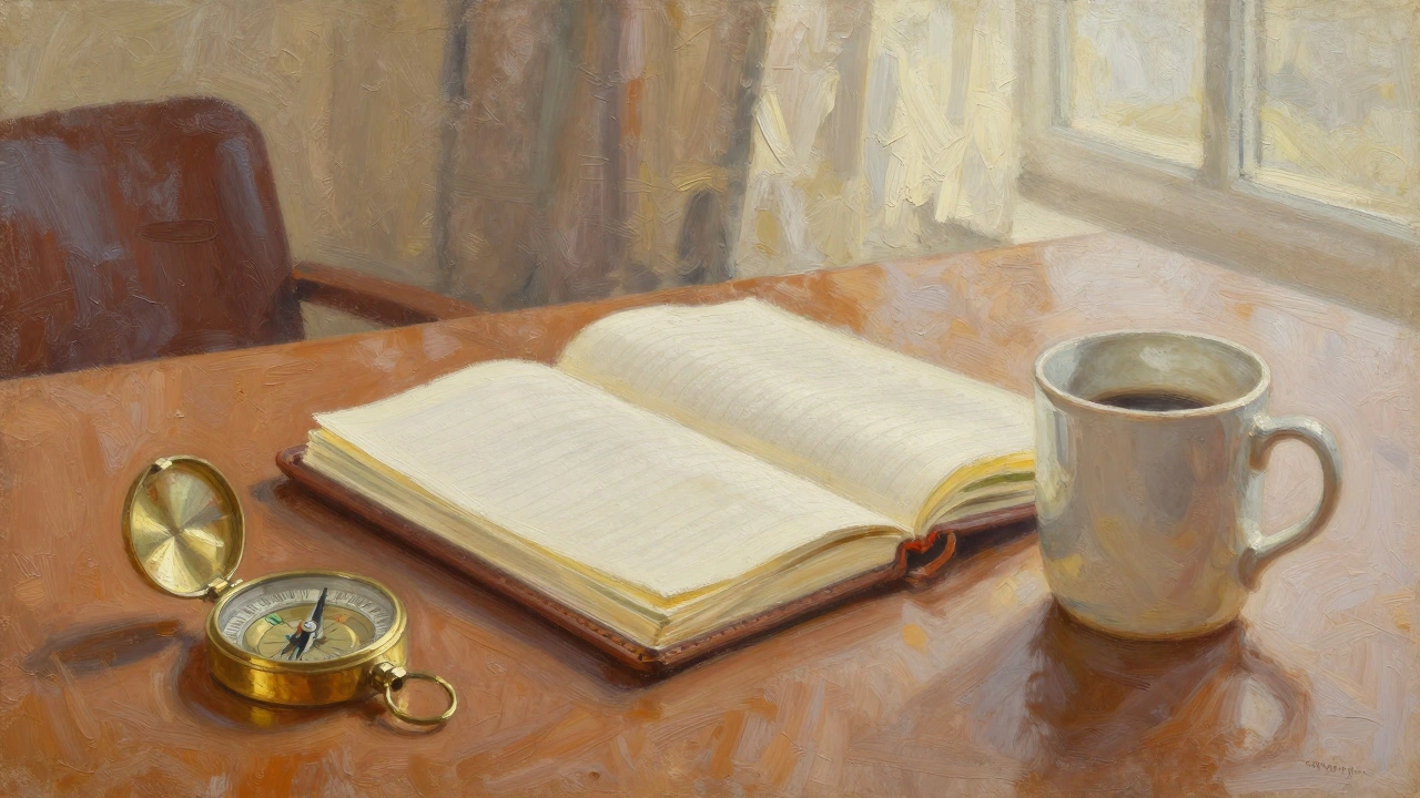 Executive desk with compass and leather notebook