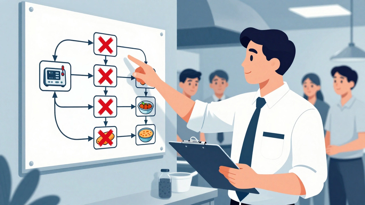 Food inspector pointing to a HACCP flowchart in a takeaway kitchen with staff observing.