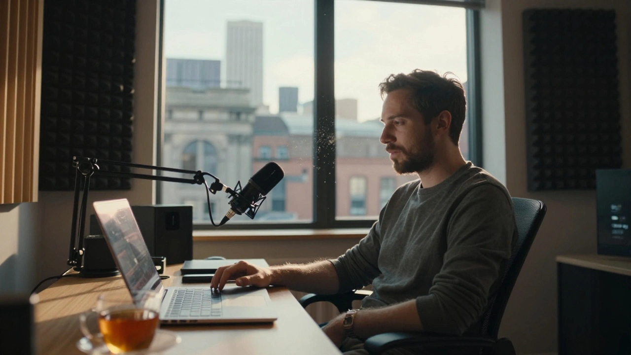 Home studio recording space with natural light and city view.