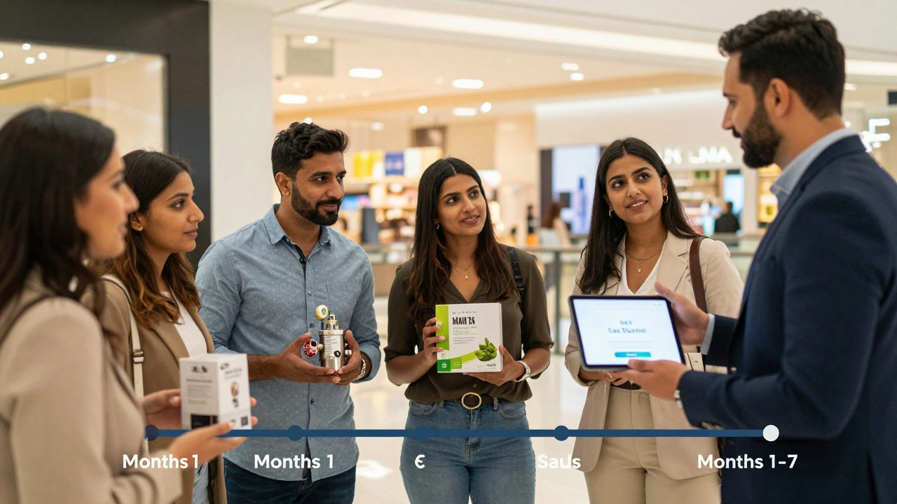 International customers in Dubai holding UK products while a British business owner watches warmly.