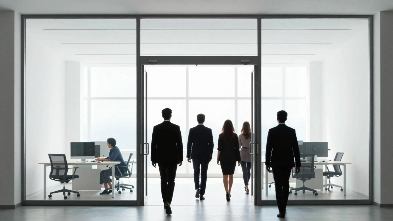 Open glass door leading to bright workspace symbolizing transparency.