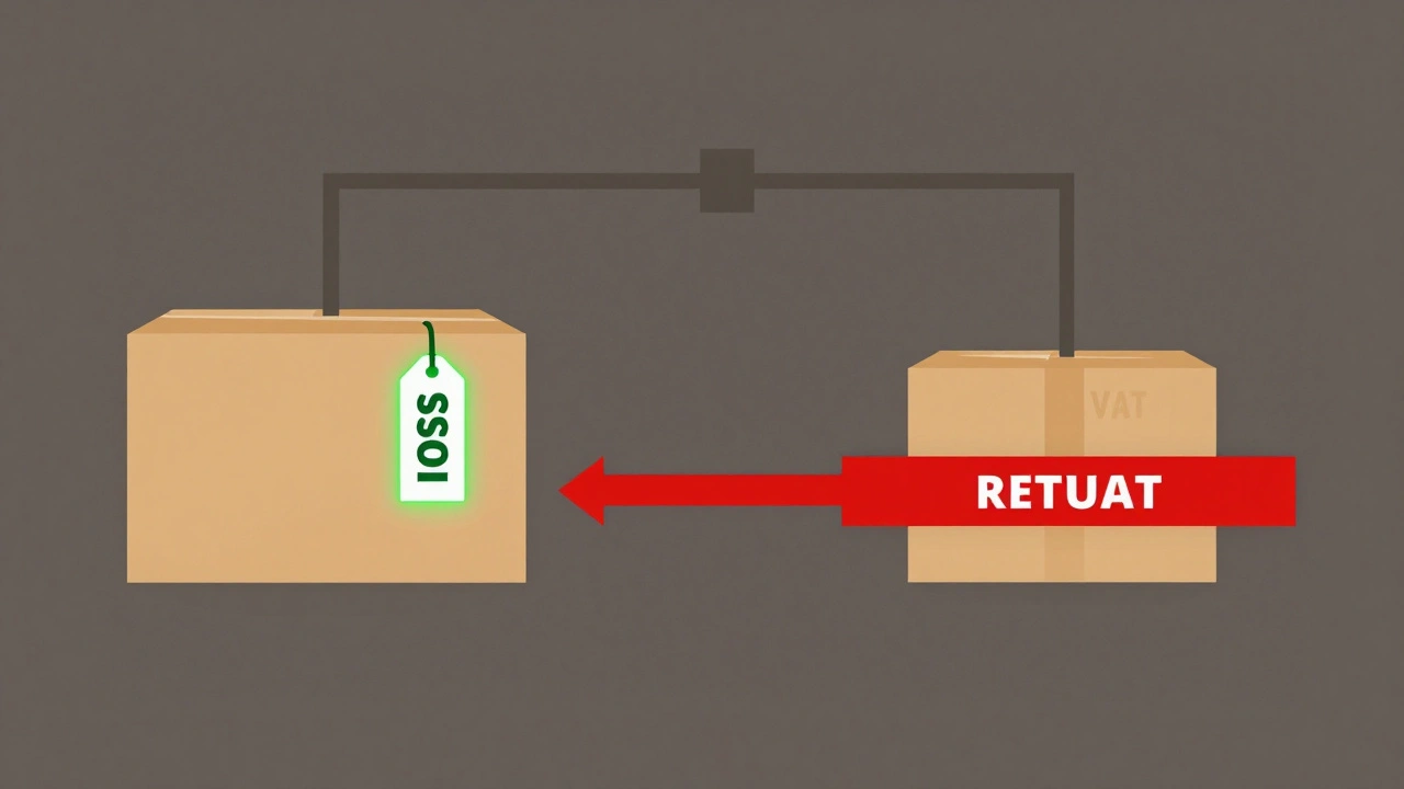 Parcel flowchart showing compliant IOSS path vs. blocked non-compliant shipment.