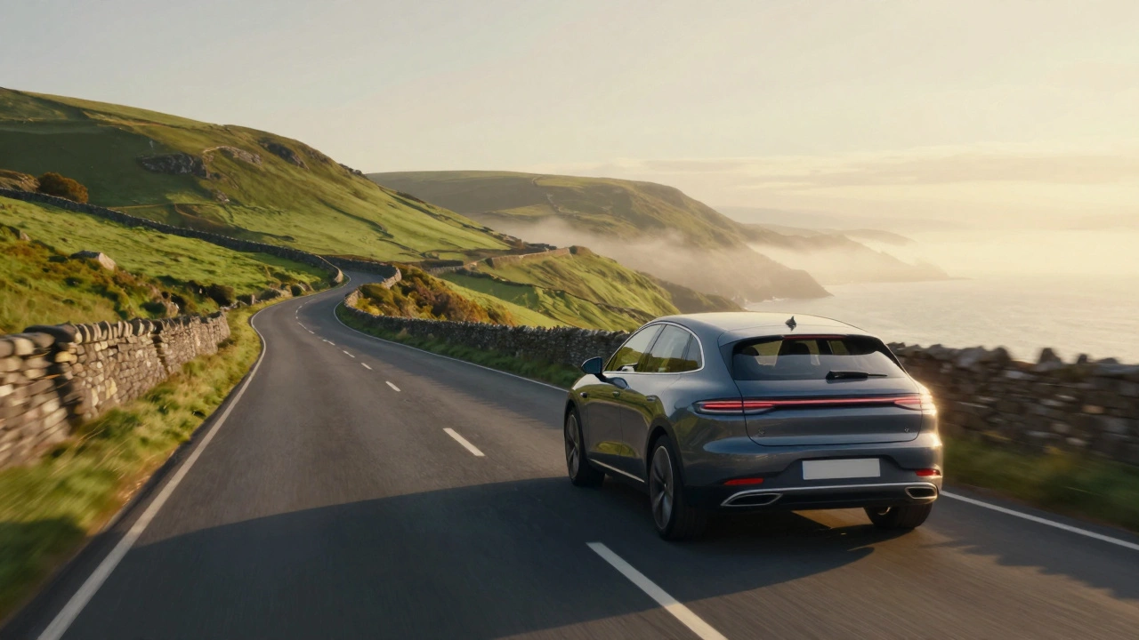 Professional driving a car through sunny coastal landscape.