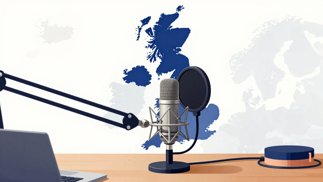Professional podcast microphone on desk with blurred UK map background.