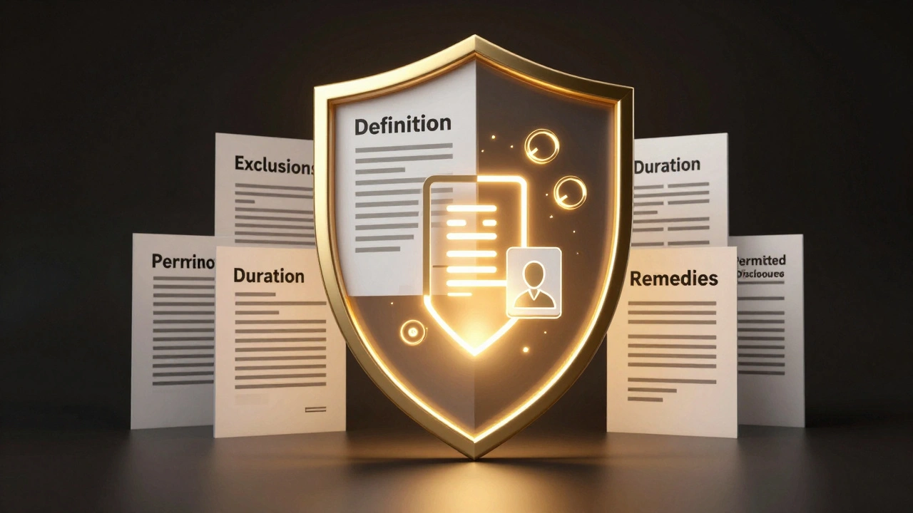 Shield of legal clauses protecting digital prototype and customer data icons.