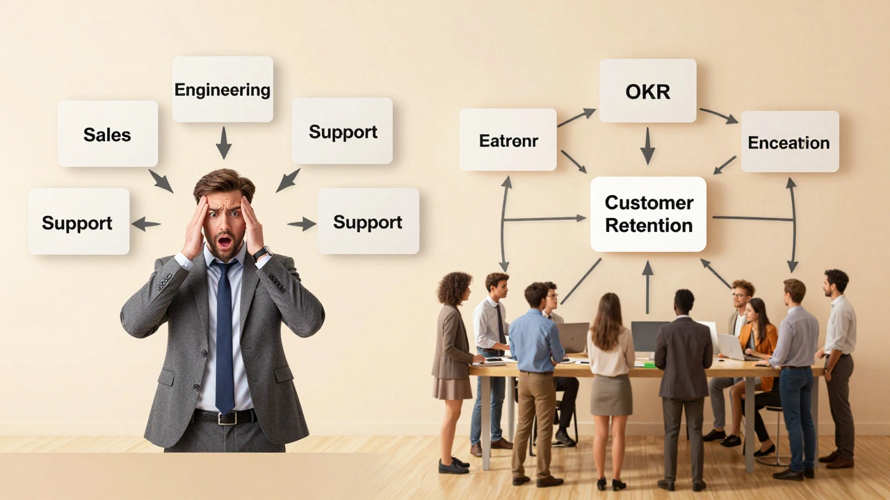 Split visual contrasting disconnected teams with aligned teams working toward a shared customer retention goal.