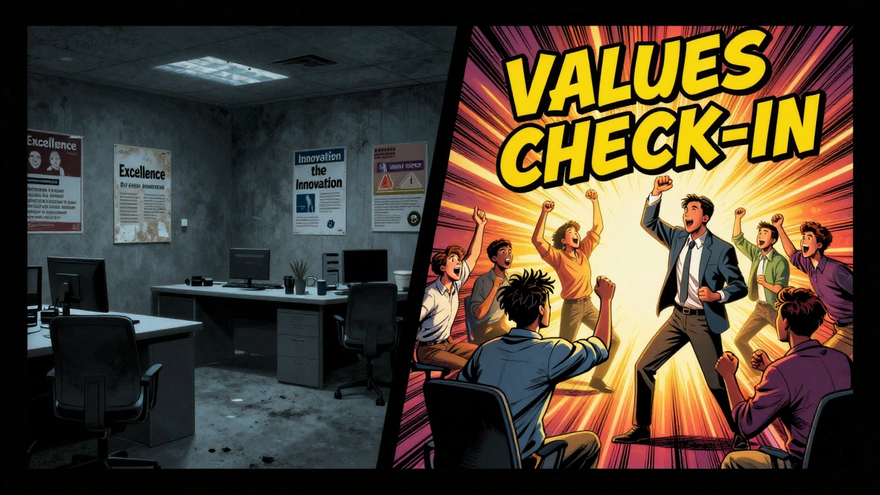 Split visual showing neglected corporate posters on one side and a team celebrating lived values on the other.