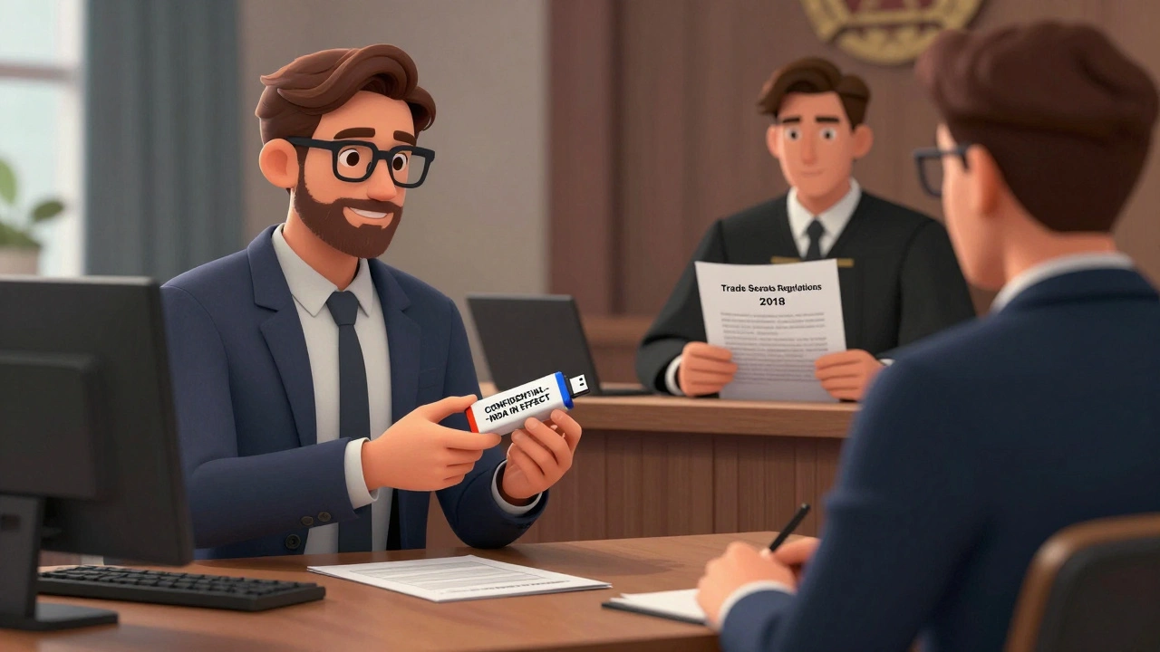 Startup founder handing confidential USB to contractor, with courtroom scene in background.